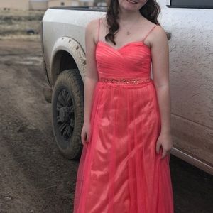 Long coral pink prom dress